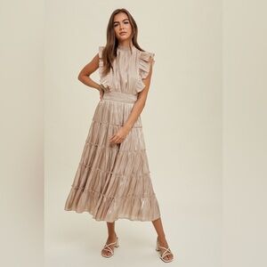 Satin Organza Ruffled Dress in Champagne/Gold